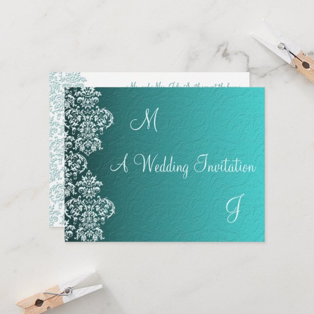 Damask Turquoise Wedding Einladung (Vorderseite/Rückseite Beispiel)