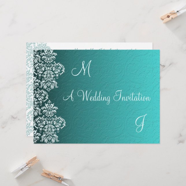 Damask Turquoise Wedding Einladung (Vorderseite/Rückseite Beispiel)