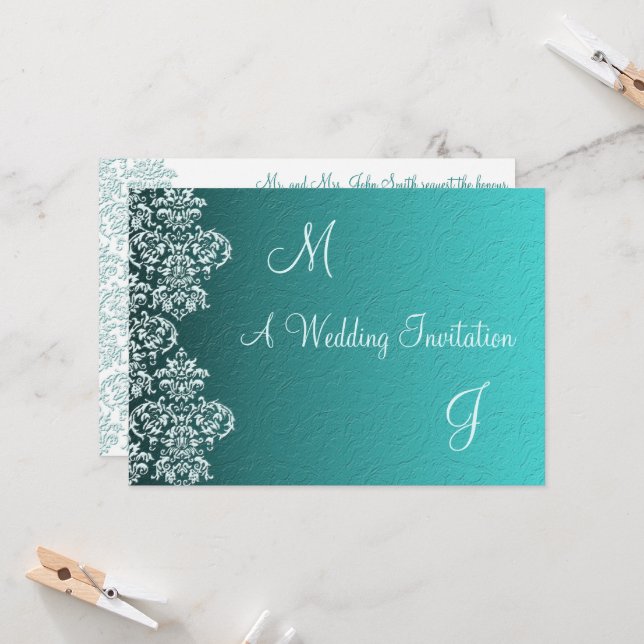 Damask Turquoise Wedding Einladung (Vorderseite/Rückseite Beispiel)