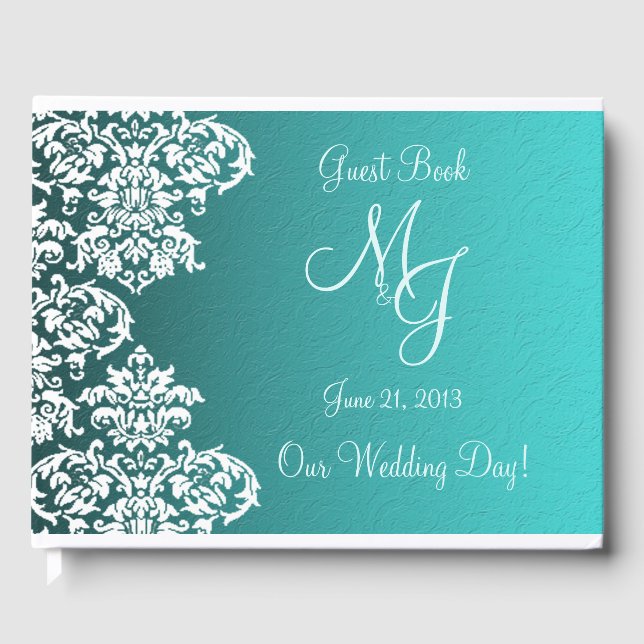 Damask Turquoise Wedding Guest Book Gästebuch (Vorderseite)