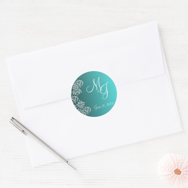 Damask Turquoise Wedding Round Stickers (Umschlag)