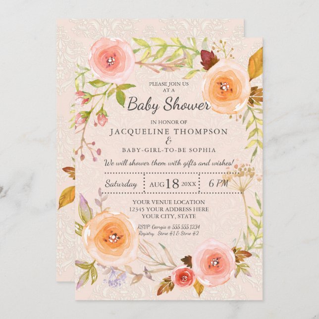 Damask Typografie Blush in Gold Wasserfarbenfloral Einladung (Vorne/Hinten)