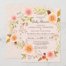 Damask Typografie Blush in Gold Wasserfarbenfloral Einladung