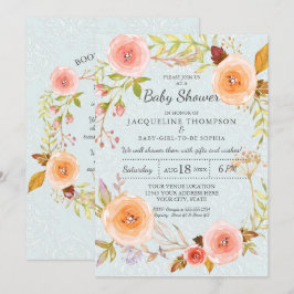 Damask Typografy Blue n Pink Watercolor Floral Einladung