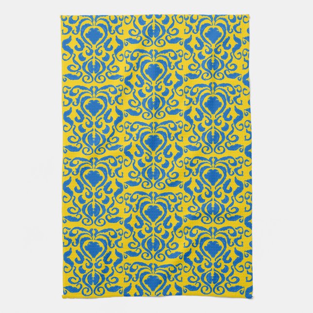Damask Ukraine Energizing Yellow FreedBlue Geschirrtuch (Vertikal)