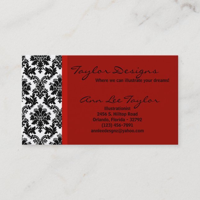 Damask und Red Elegante Trendy Chic Business Card Visitenkarte (Vorderseite)