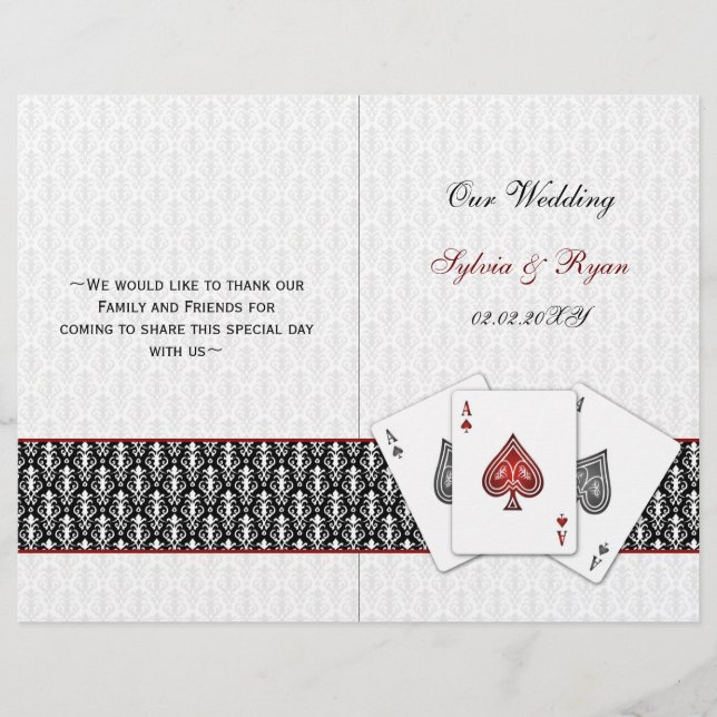 Damask Vegas rotes Hochzeitsprogramm (Vorderseite)