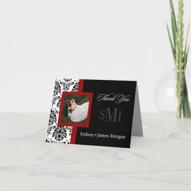 Damask Vielen Dank Karten, Hochzeit Fotos+Monogram Dankeskarte (Vorderseite)
