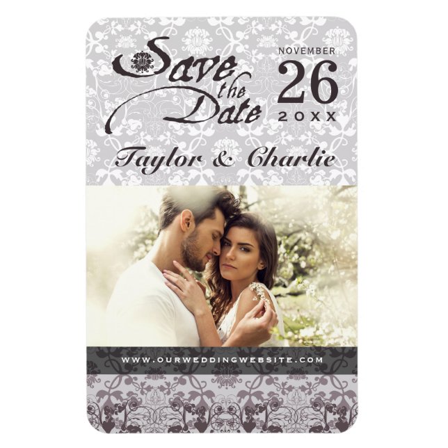 Damask Vintag Lace Save the Date Foto Magnet (Vertikal)