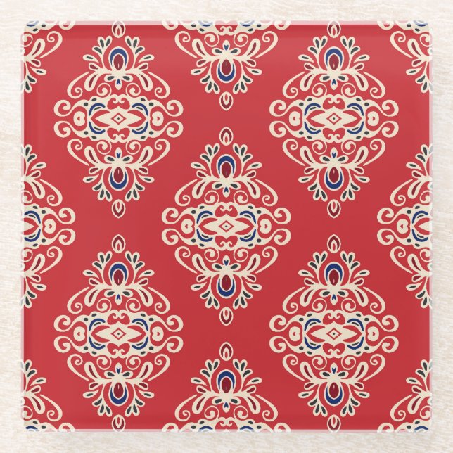 Damask Vintag: Nahtloses Muster Geblüht. Glasuntersetzer (Vorderseite)