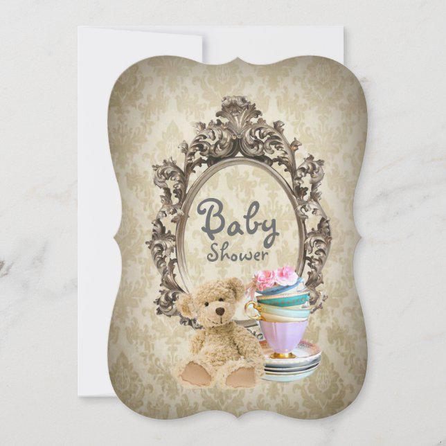 Damask Vintag Teddy Bär Babydusche Einladungen (Vorderseite)
