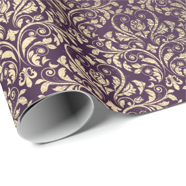 Damask Violet Lila Traubenpflaume Gold Metallbrill Geschenkpapier (Rolleneckpunkt)