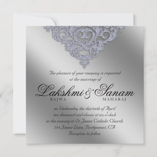 Damask Wedding Einladender Sparkle Silver Lace Einladung (Vorderseite)