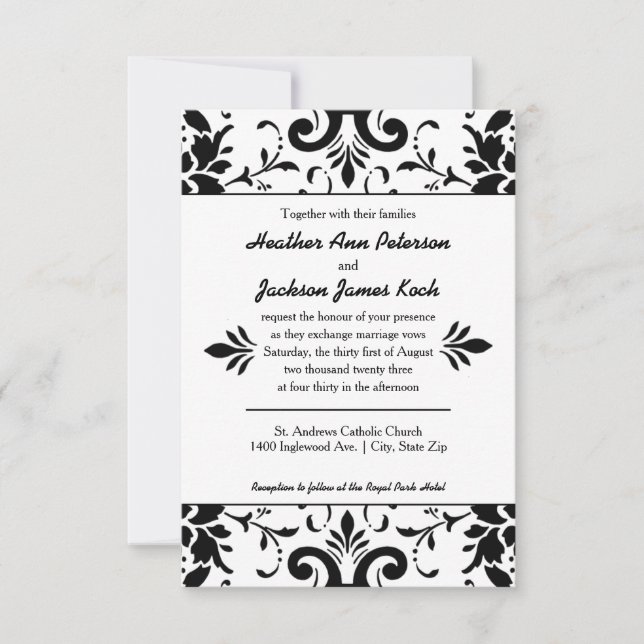 Damask Wedding Einladung 3x5 Schwarz und Weiß (Vorderseite)