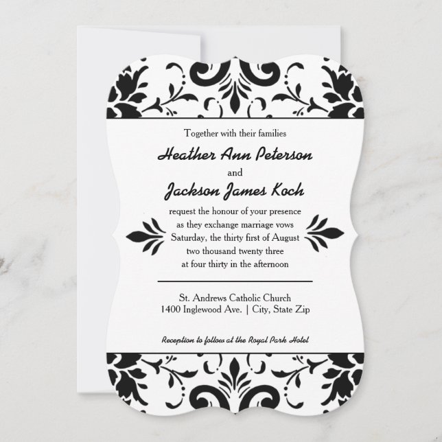 Damask Wedding Einladung formell Schwarz-Weiß (Vorderseite)
