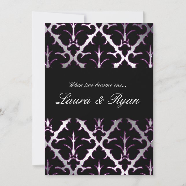 Damask Wedding Einladung Lila Sparkle Silver (Vorderseite)