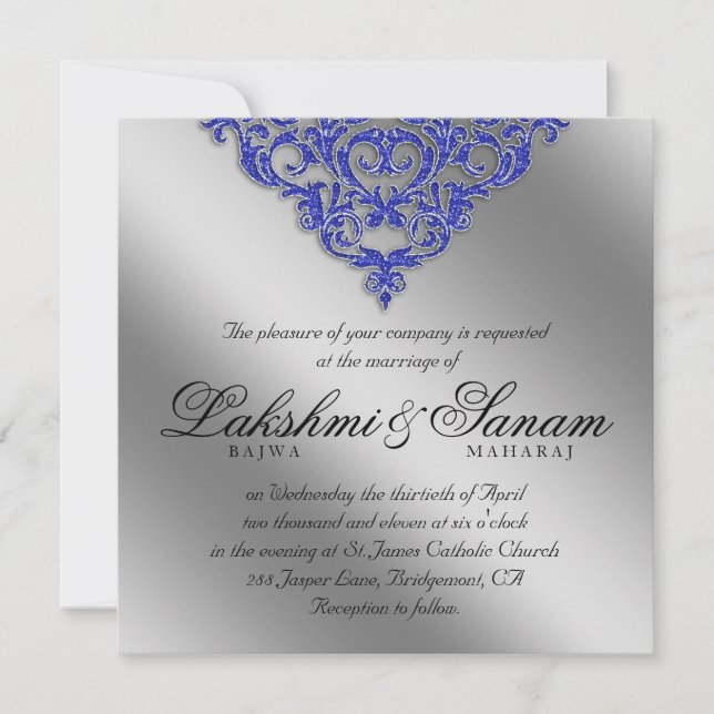 Damask Wedding Einladung Sparkle Silber Blau (Vorderseite)