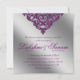 Damask Wedding Einladung Sparkle Silver Lila 2