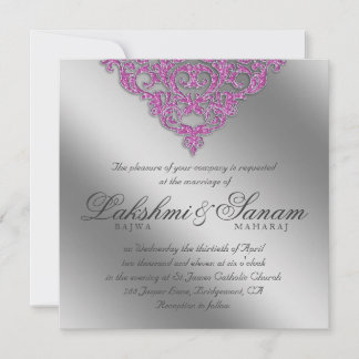 Damask Wedding Einladung Sparkle Silver Pink 2