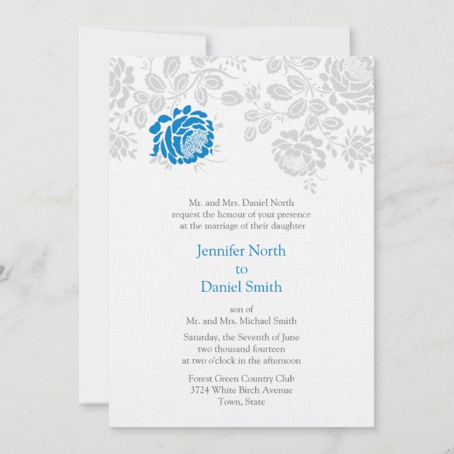 Damask Wedding Einladungen blau und grau (Vorderseite)