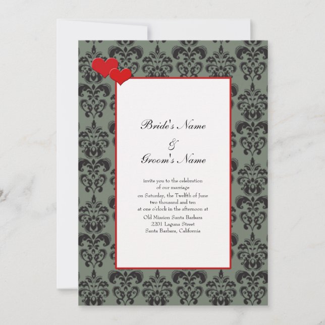 Damask Wedding Einladungen mit Red Trim Self Host (Vorderseite)