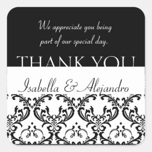 Damask Wedding Gefallen Vielen Dank Label Black Sq Quadratischer Aufkleber