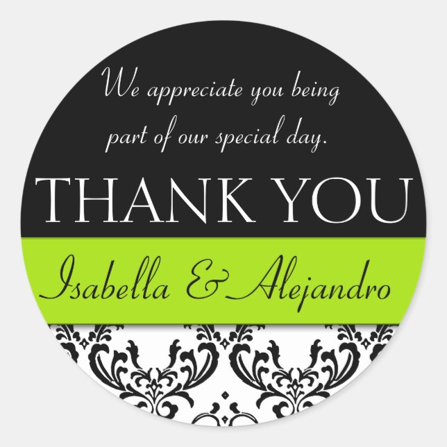 Damask Wedding Gefallen Vielen Dank Label Lime Gre Runder Aufkleber (Vorderseite)