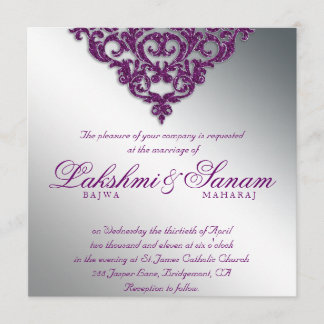 Damask Wedding Glitzer Silver Lila Helle Einladung