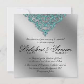 Damask Wedding Invite Sparkle Silver Aquamarin Einladung