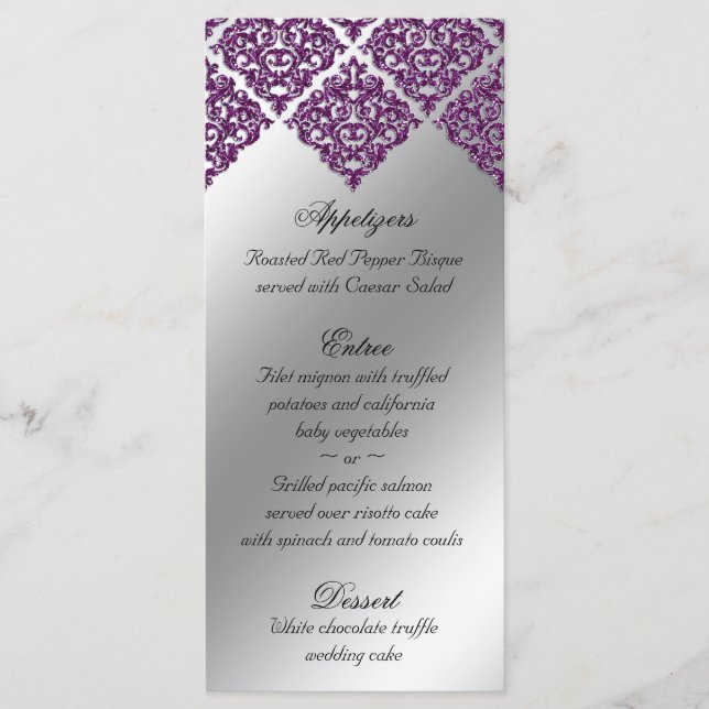 Damask Wedding Menu Cards Lila Glitzer hell Menükarte (Vorderseite)