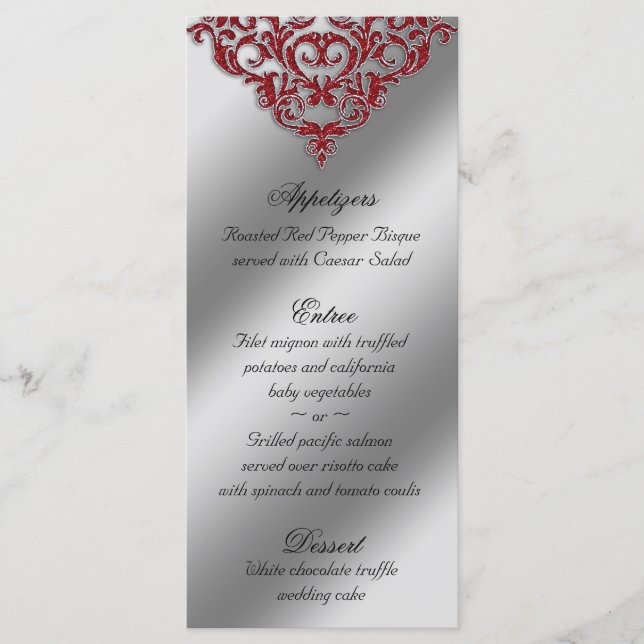 Damask Wedding Menu Cards Red Sparkle Xmas Menükarte (Vorderseite)