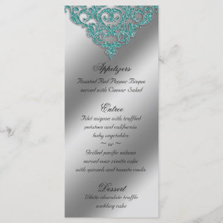 Damask Wedding Menu Cards Sparkle Aquamarin Blue Menükarte