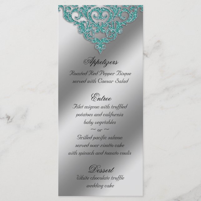 Damask Wedding Menu Cards Sparkle Aquamarin Blue Menükarte (Vorderseite)