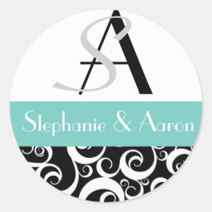 Damask Wedding Monogram in Black and Aqua Runder Aufkleber