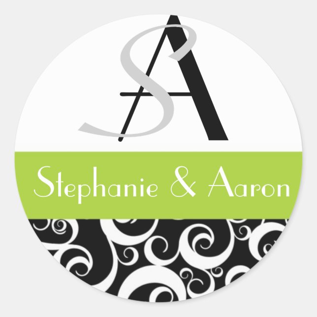 Damask Wedding Monogram in Schwarz und Grün Runder Aufkleber (Vorderseite)