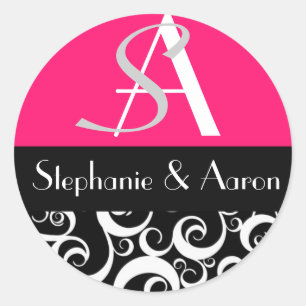Damask Wedding Monogram in Schwarz und Heiß Rosa Runder Aufkleber