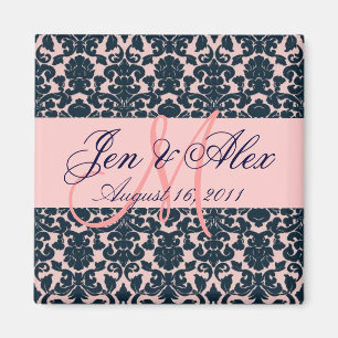 Damask Wedding Monogram Pink Navy Magnet