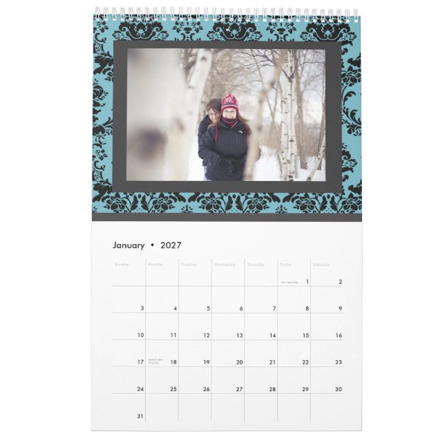 Damask Wedding Monogram Signature Photo Guestbook Kalender (Jan 2027)