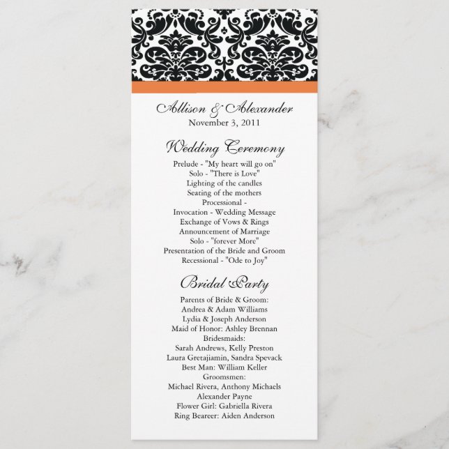 Damask Wedding Program Black & Coral Rose Programm (Vorderseite)