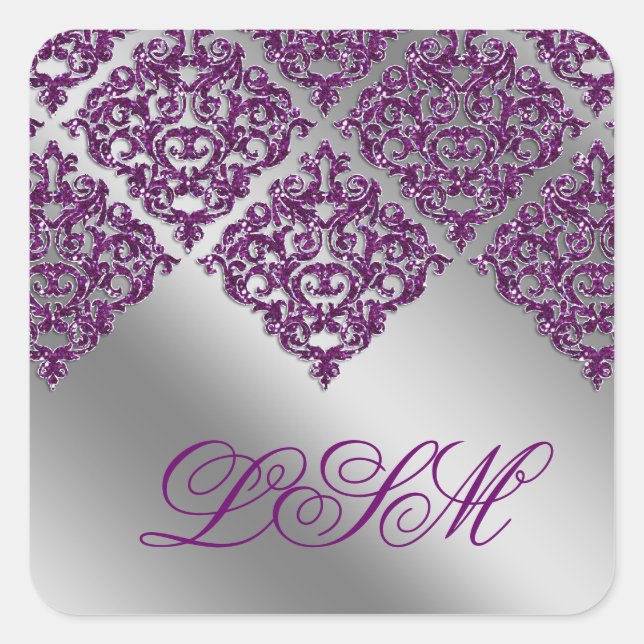 Damask Wedding Stickers Lila anfänglicher Sparkle (Vorderseite)