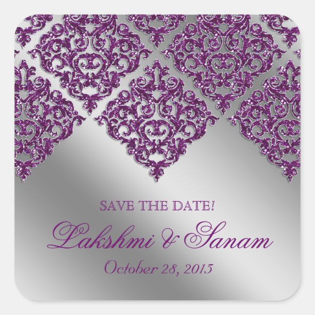 Damask Wedding Stickers Lila Silbersparkle (Vorderseite)