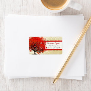 Damask Whimsical Heart Leafed Tree Red Pink Dots Adressaufkleber