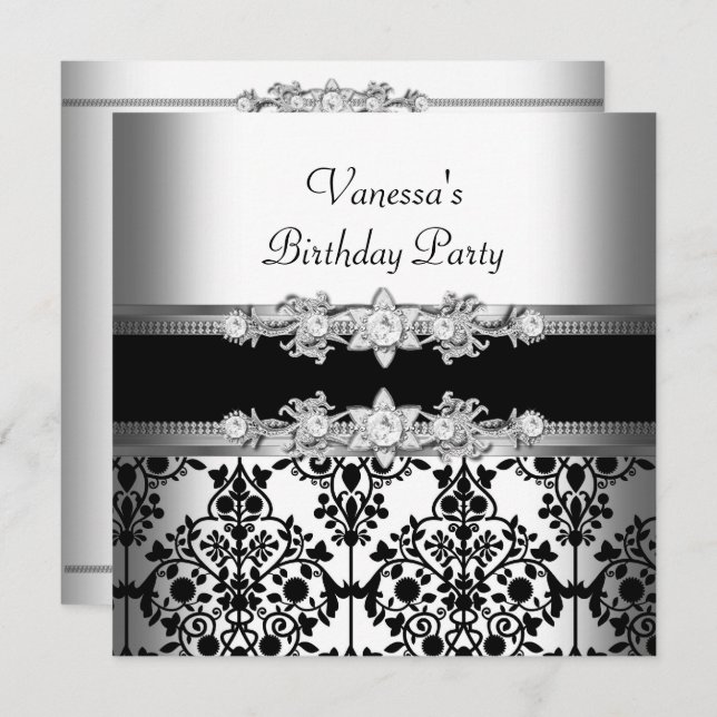 Damask White Black Birthday Party Einladung (Vorne/Hinten)