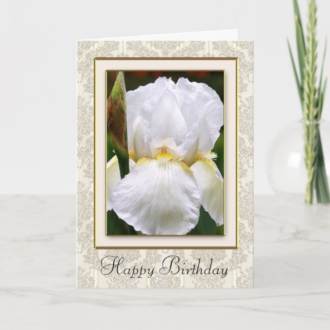 Damask White Iris Happy Birthday Card Karte (Vorderseite)