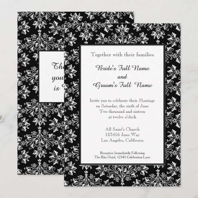 Damask White on Black Editable Wedding Einladung (Vorne/Hinten)