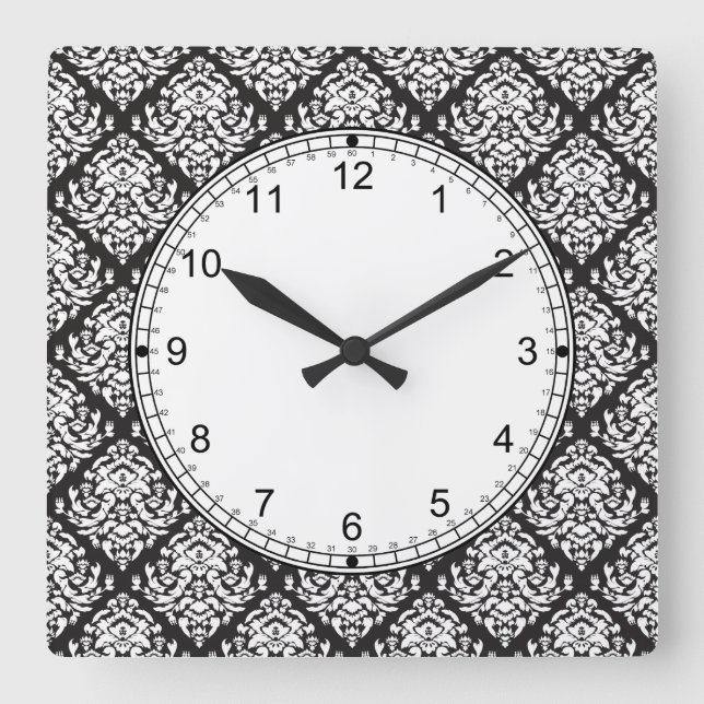 Damask White on Black Quadratische Wanduhr (Vorderseite)
