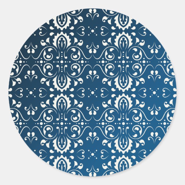 Damask white on blue+black bg runder aufkleber (Vorderseite)