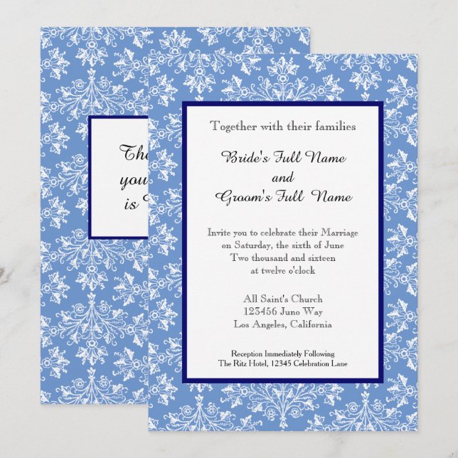 Damask White on Cornflower Blue Hochzeit Einladung (Vorne/Hinten)