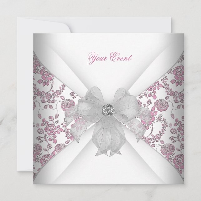 Damask White Pink Floral Jewel Party Einladung (Vorderseite)