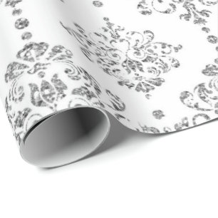 Damask White Royal Gray Silver Glitzer Geschenkpapier